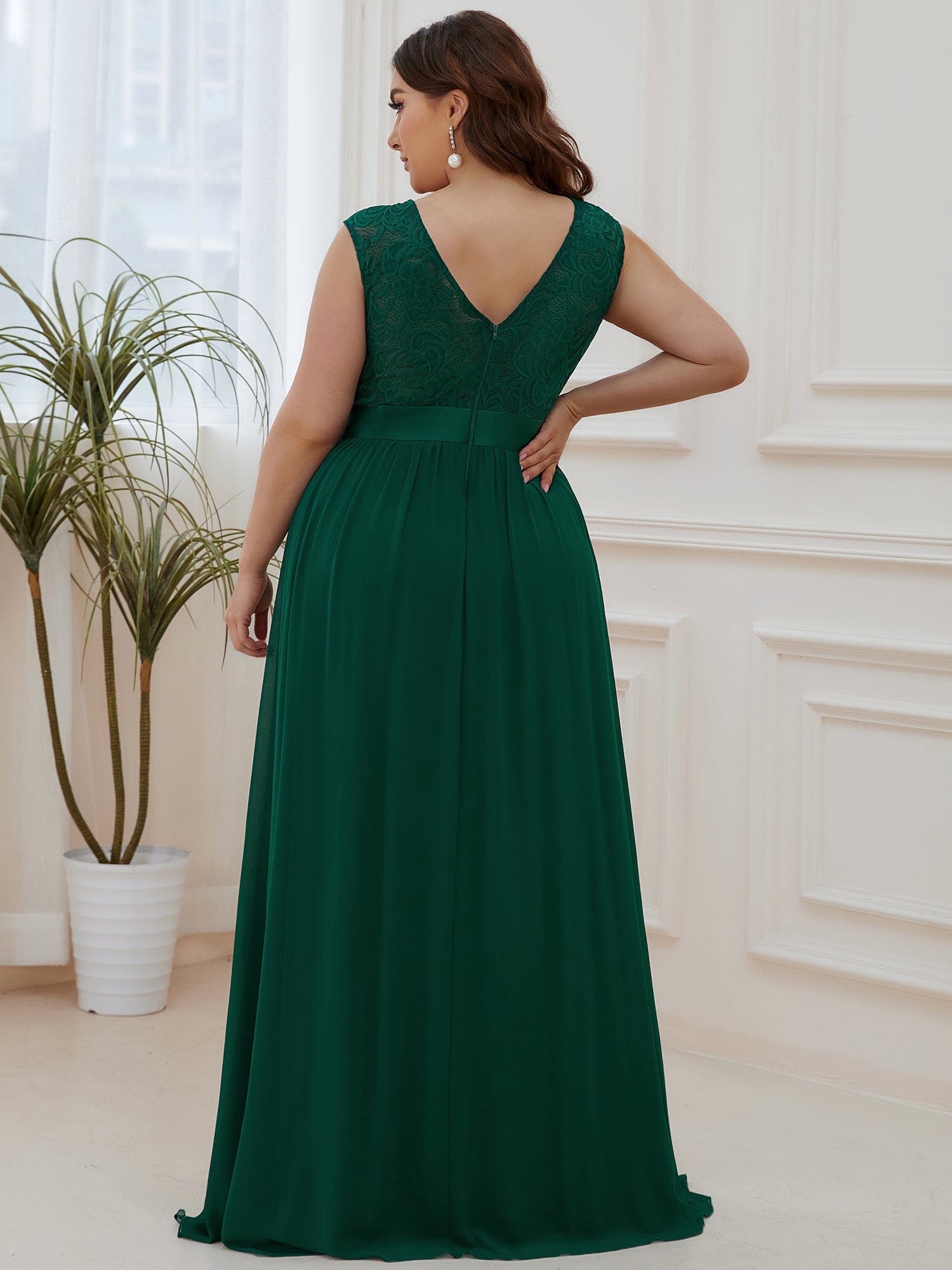 Custom Size Classic Round Neck V Back Lace Bodice Bridesmaid Dress #color_Dark Green