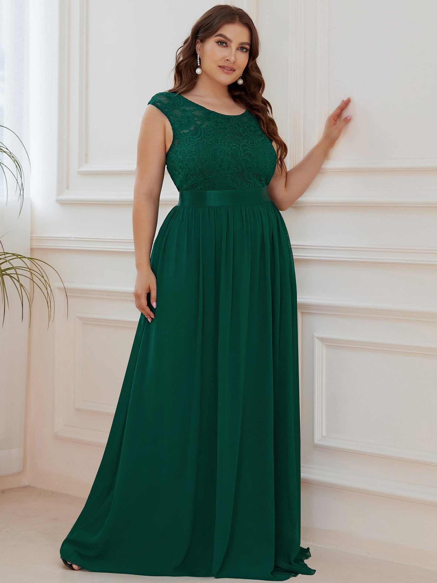 Custom Size Classic Round Neck V Back Lace Bodice Bridesmaid Dress #color_Dark Green