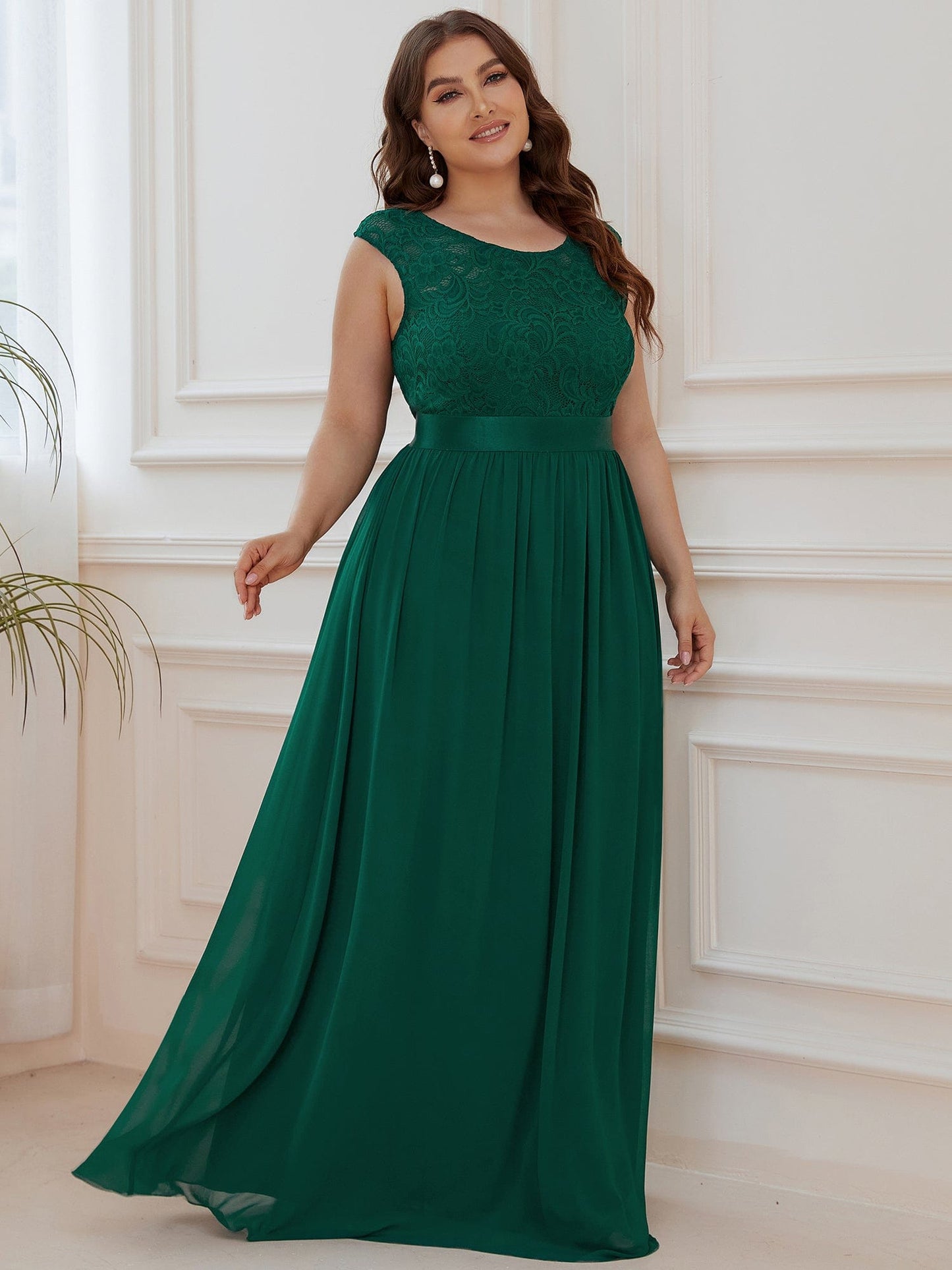 Custom Size Classic Round Neck V Back Lace Bodice Bridesmaid Dress #color_Dark Green