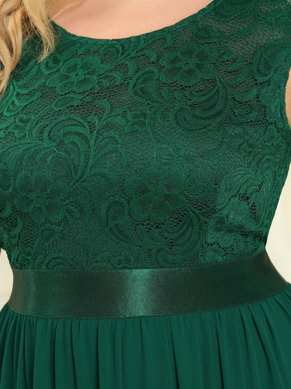 Classic Round Neck Backless Lace Bodice Bridesmaid Dress #color_Dark Green 