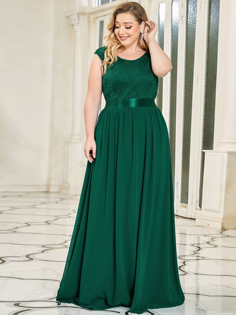 Classic Round Neck Backless Lace Bodice Bridesmaid Dress #color_Dark Green 