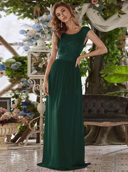 Classic Round Neck Backless Lace Bodice Bridesmaid Dress #color_Dark Green 