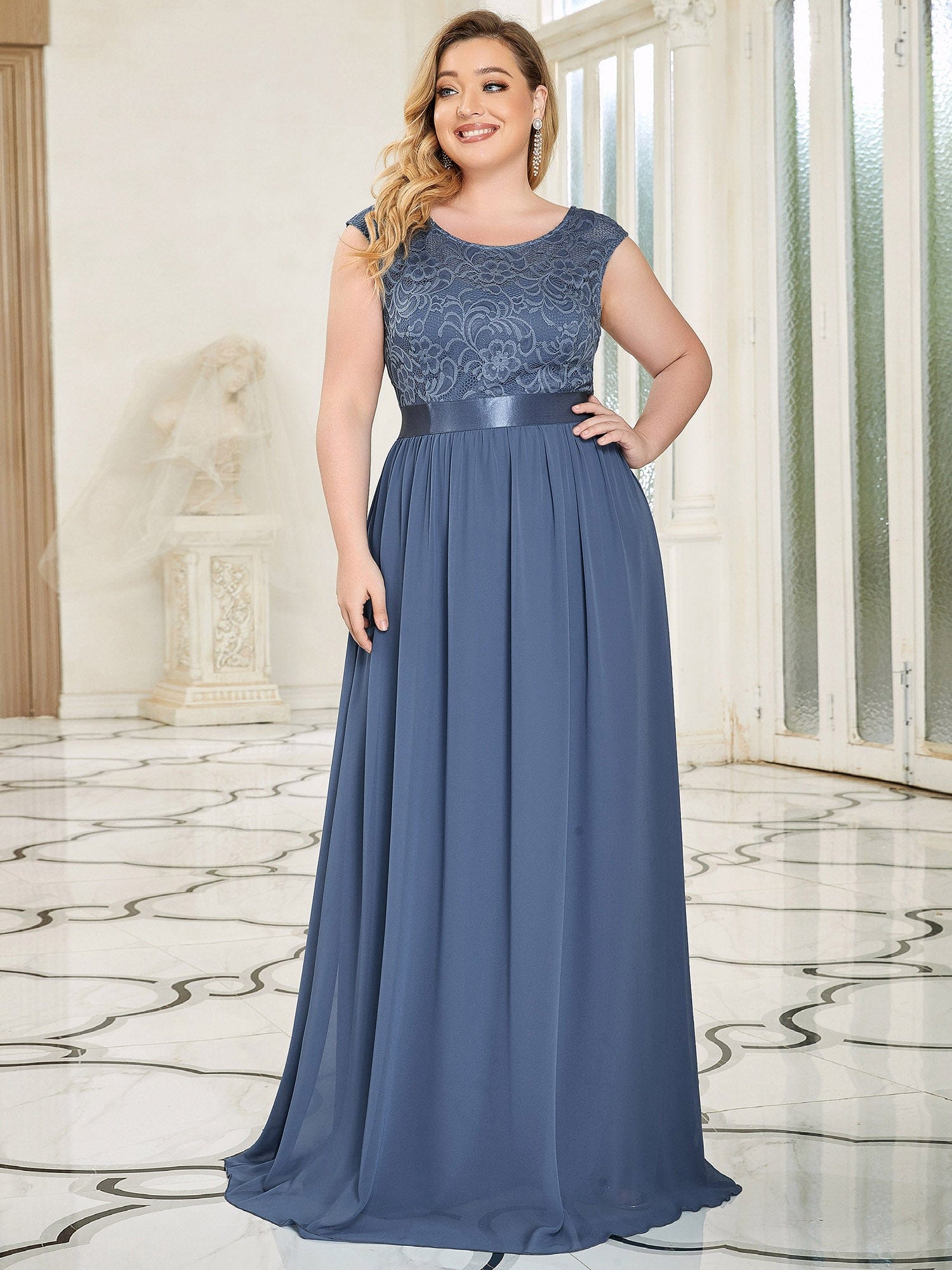 Custom Size Classic Round Neck V Back Lace Bodice Bridesmaid Dress #color_Dusty Navy