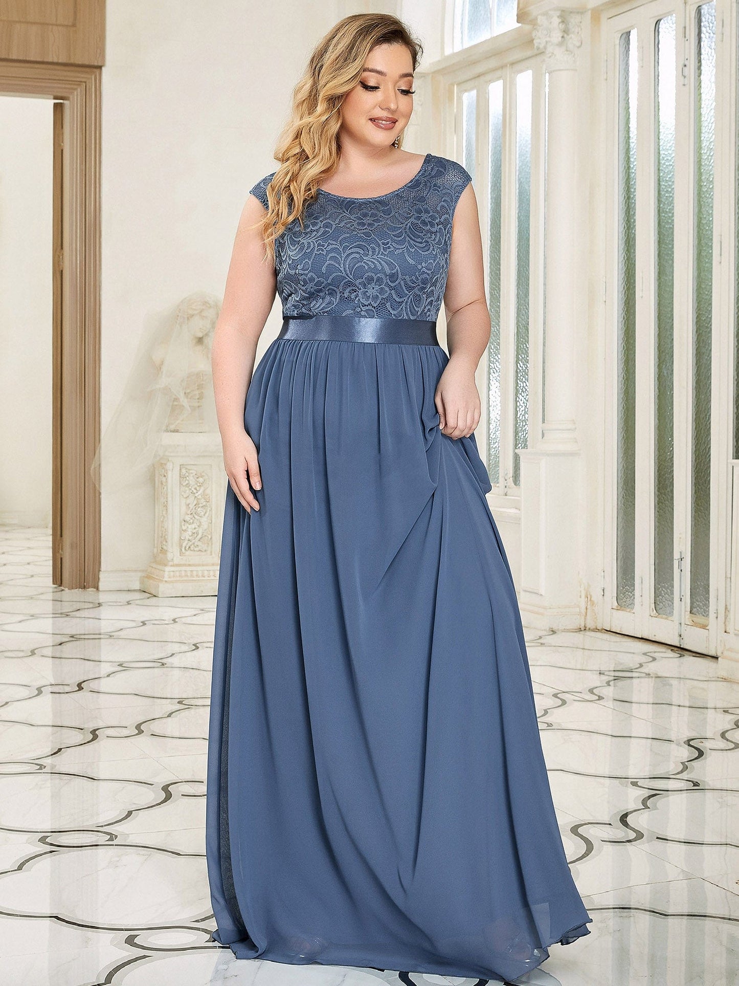 Custom Size Classic Round Neck V Back Lace Bodice Bridesmaid Dress #color_Dusty Navy