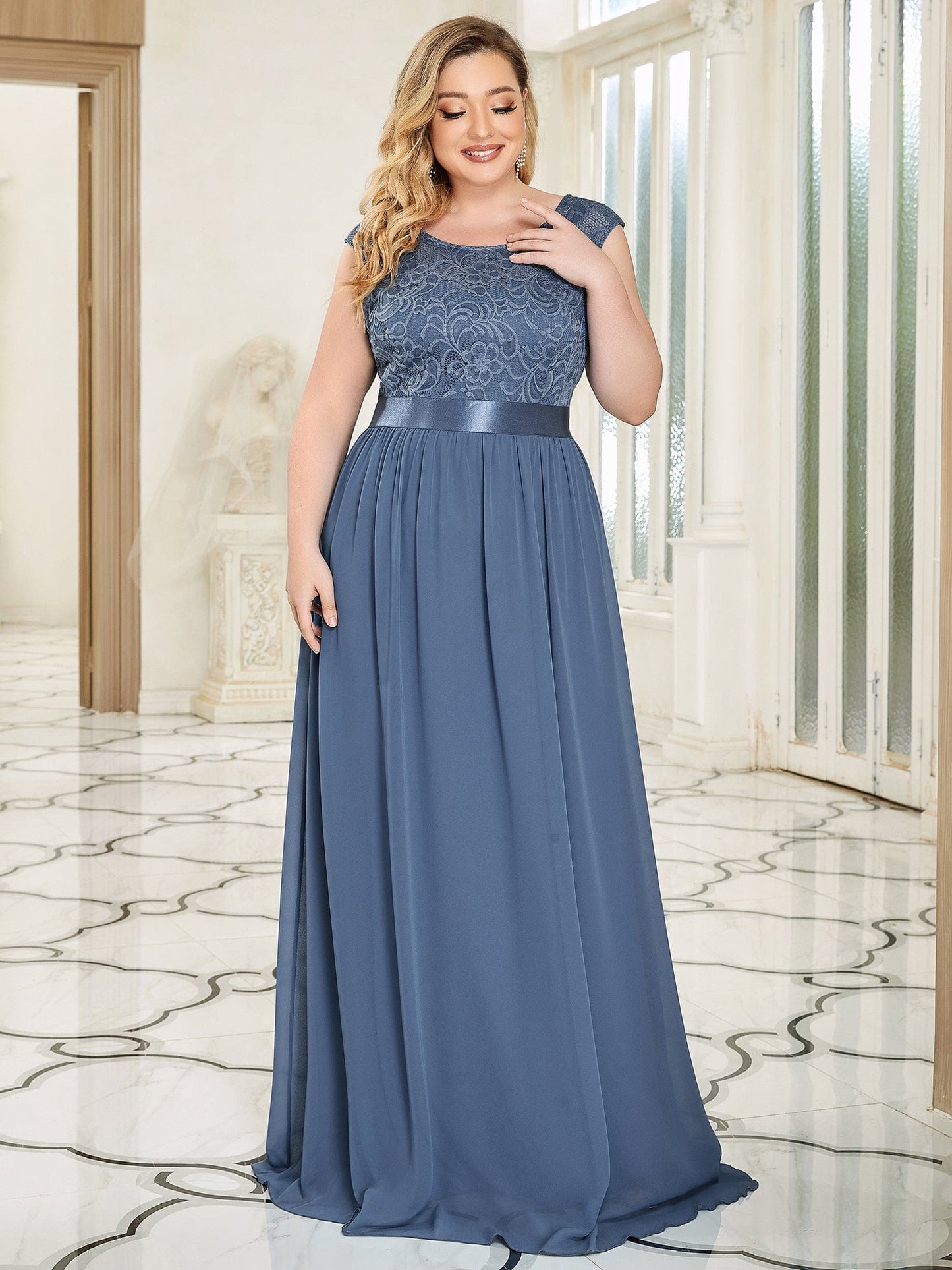 Custom Size Classic Round Neck V Back Lace Bodice Bridesmaid Dress #color_Dusty Navy