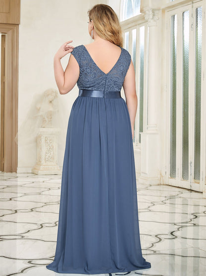 Custom Size Classic Round Neck V Back Lace Bodice Bridesmaid Dress #color_Dusty Navy