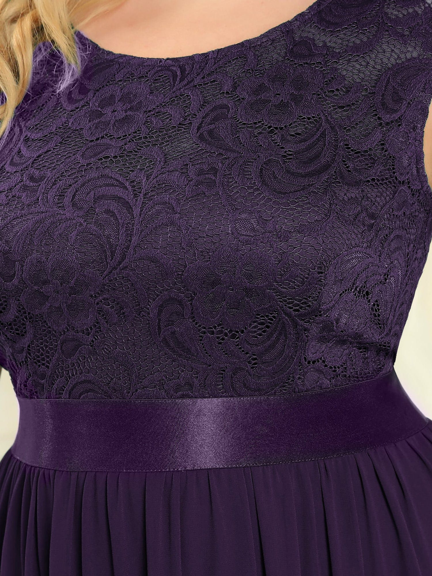 Custom Size Classic Round Neck V Back Lace Bodice Bridesmaid Dress #color_Dark Purple