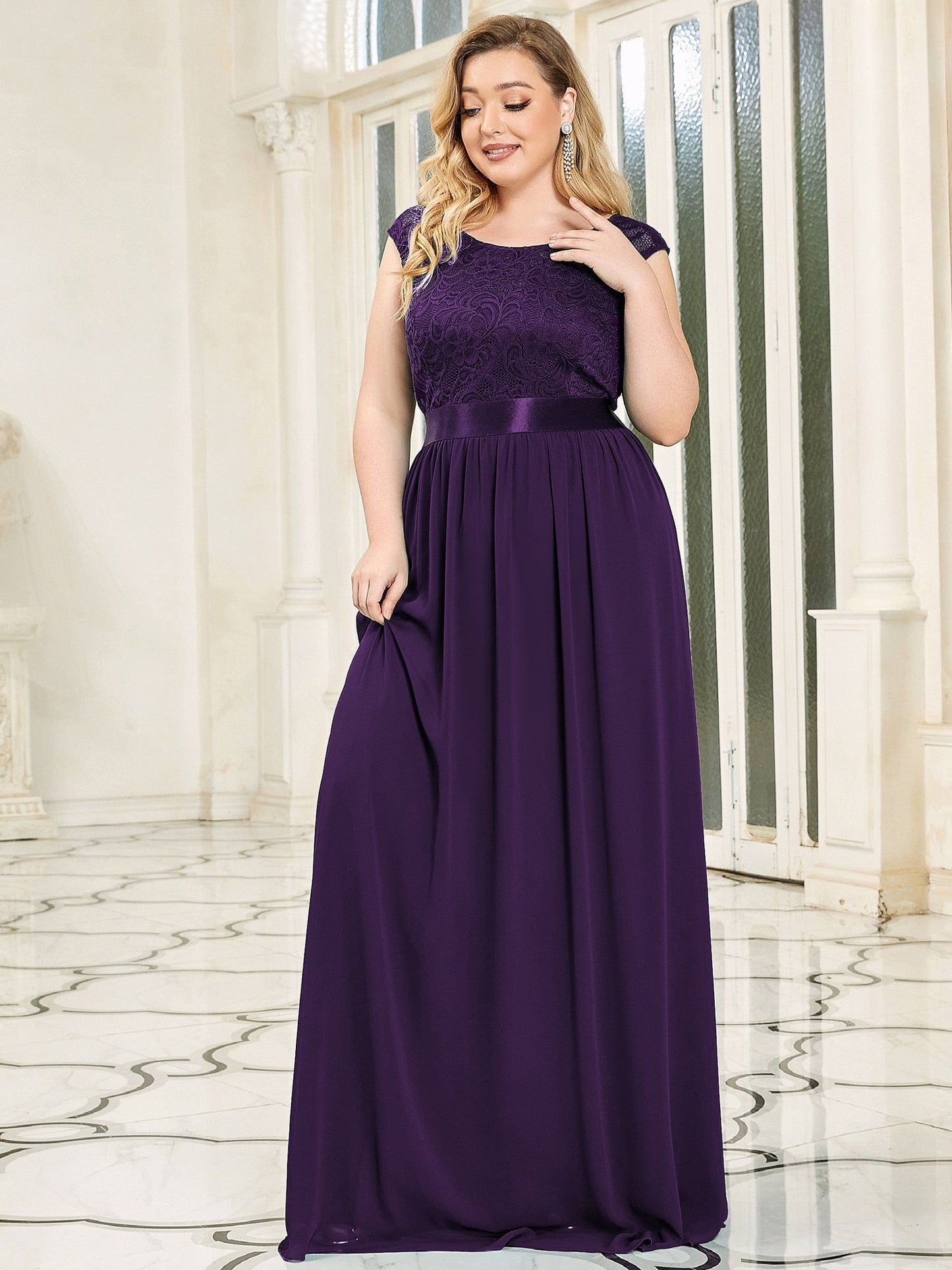 Custom Size Classic Round Neck V Back Lace Bodice Bridesmaid Dress #color_Dark Purple