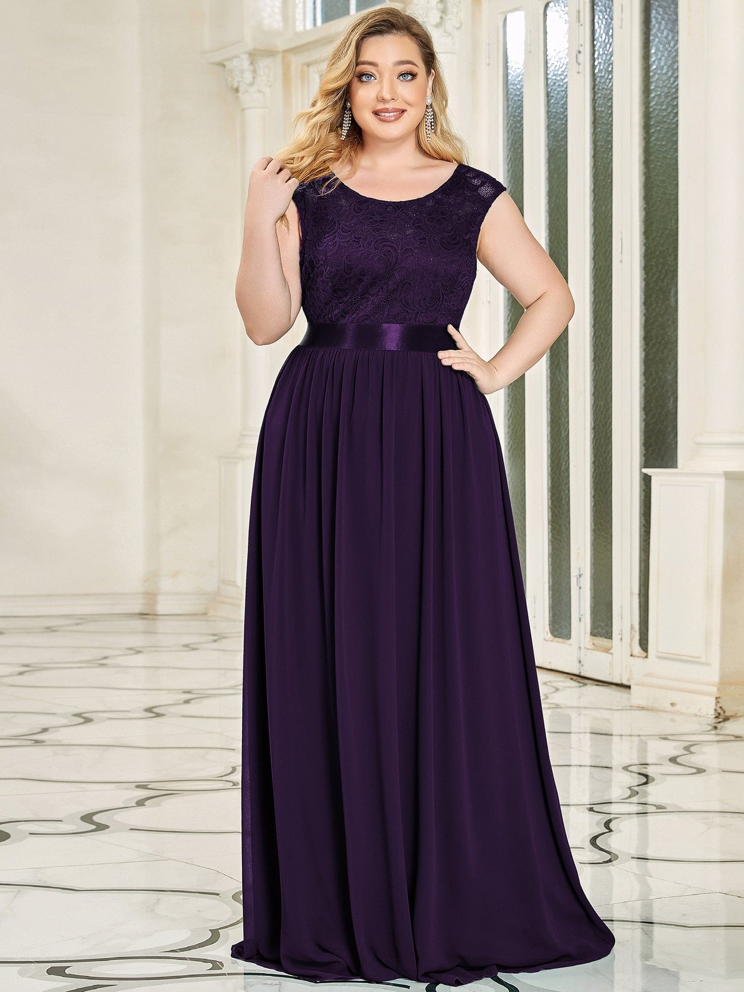 Custom Size Classic Round Neck V Back Lace Bodice Bridesmaid Dress #color_Dark Purple