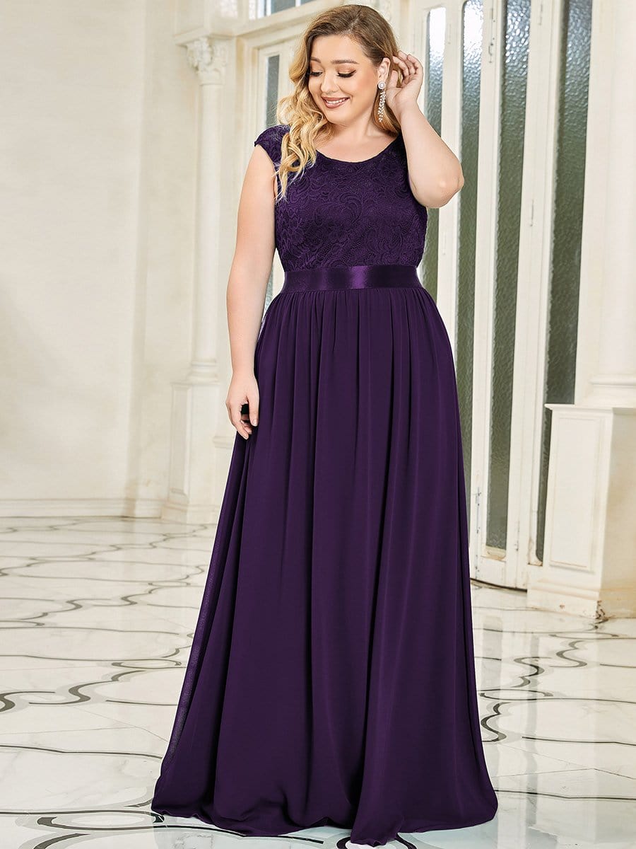 Classic Round Neck Backless Lace Bodice Bridesmaid Dress #color_Dark Purple 