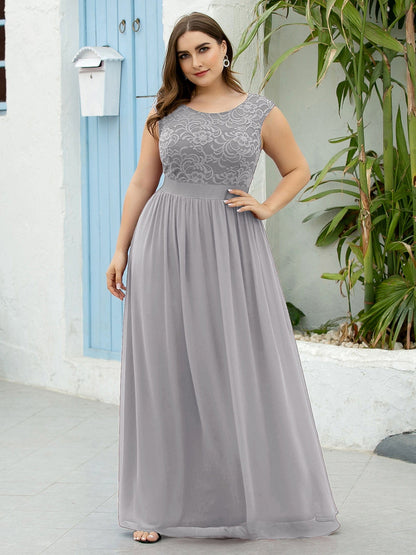 Custom Size Classic Round Neck V Back Lace Bodice Bridesmaid Dress #color_Grey