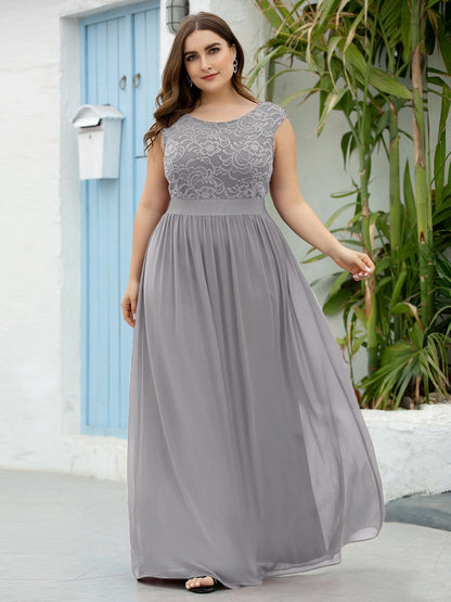 Custom Size Classic Round Neck V Back Lace Bodice Bridesmaid Dress #color_Grey