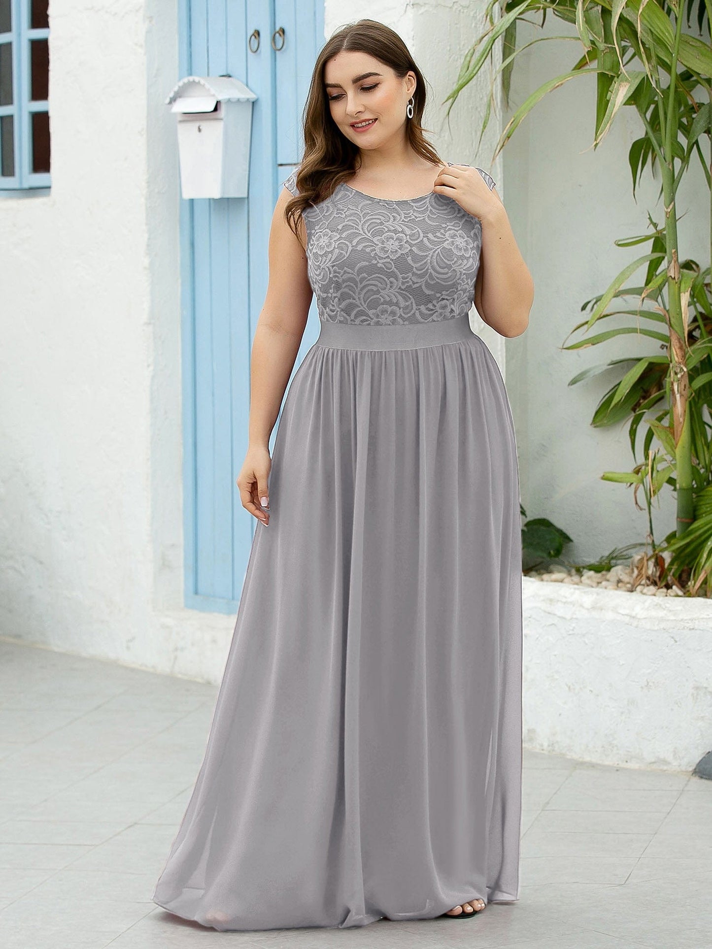 Custom Size Classic Round Neck V Back Lace Bodice Bridesmaid Dress #color_Grey