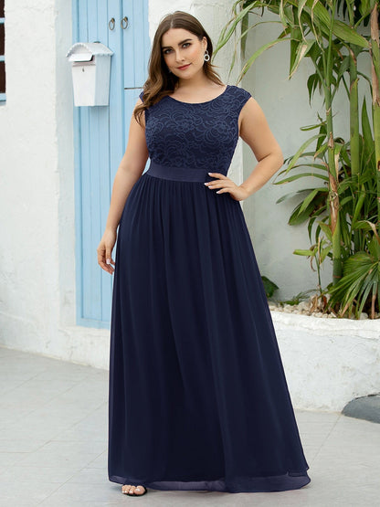 Custom Size Classic Round Neck V Back Lace Bodice Bridesmaid Dress #color_Navy Blue