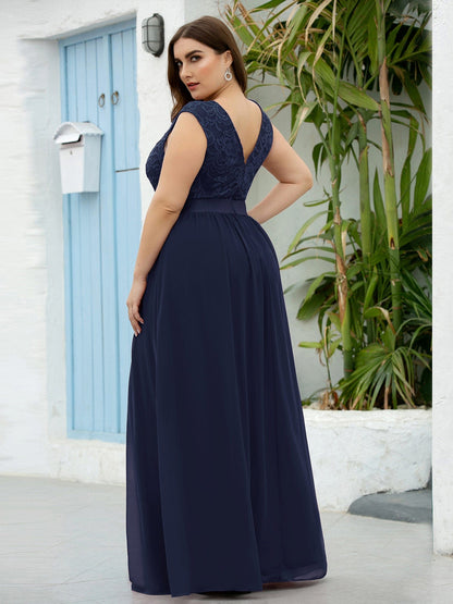 Custom Size Classic Round Neck V Back Lace Bodice Bridesmaid Dress #color_Navy Blue