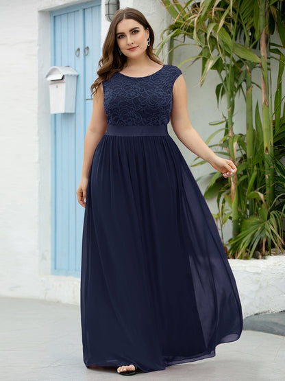 Custom Size Classic Round Neck V Back Lace Bodice Bridesmaid Dress #color_Navy Blue