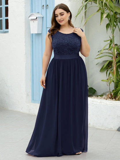 Custom Size Classic Round Neck V Back Lace Bodice Bridesmaid Dress #color_Navy Blue