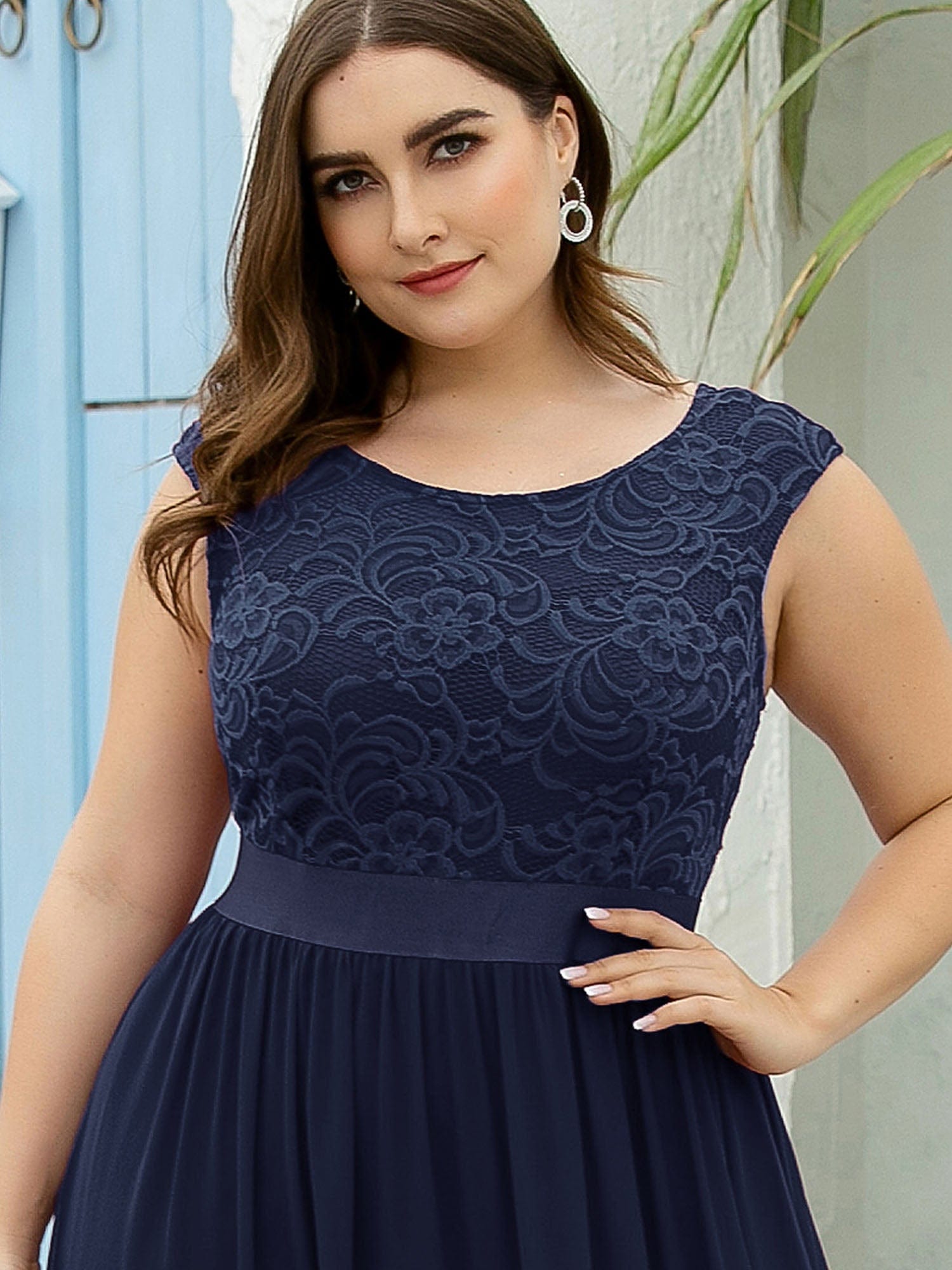 Custom Size Classic Round Neck V Back Lace Bodice Bridesmaid Dress #color_Navy Blue