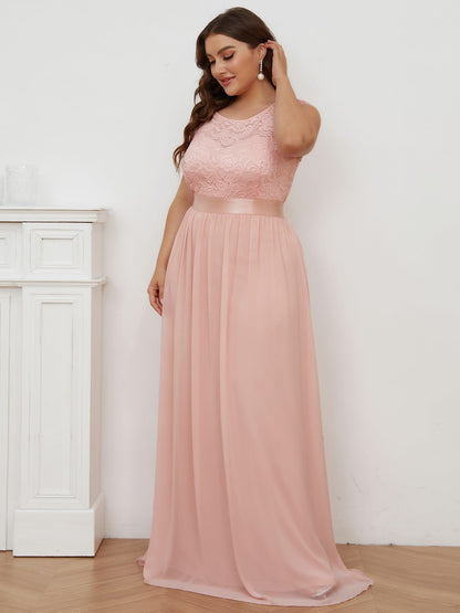 Custom Size Classic Round Neck V Back Lace Bodice Bridesmaid Dress #color_Pink