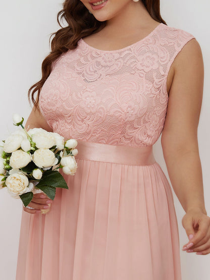 Custom Size Classic Round Neck V Back Lace Bodice Bridesmaid Dress #color_Pink