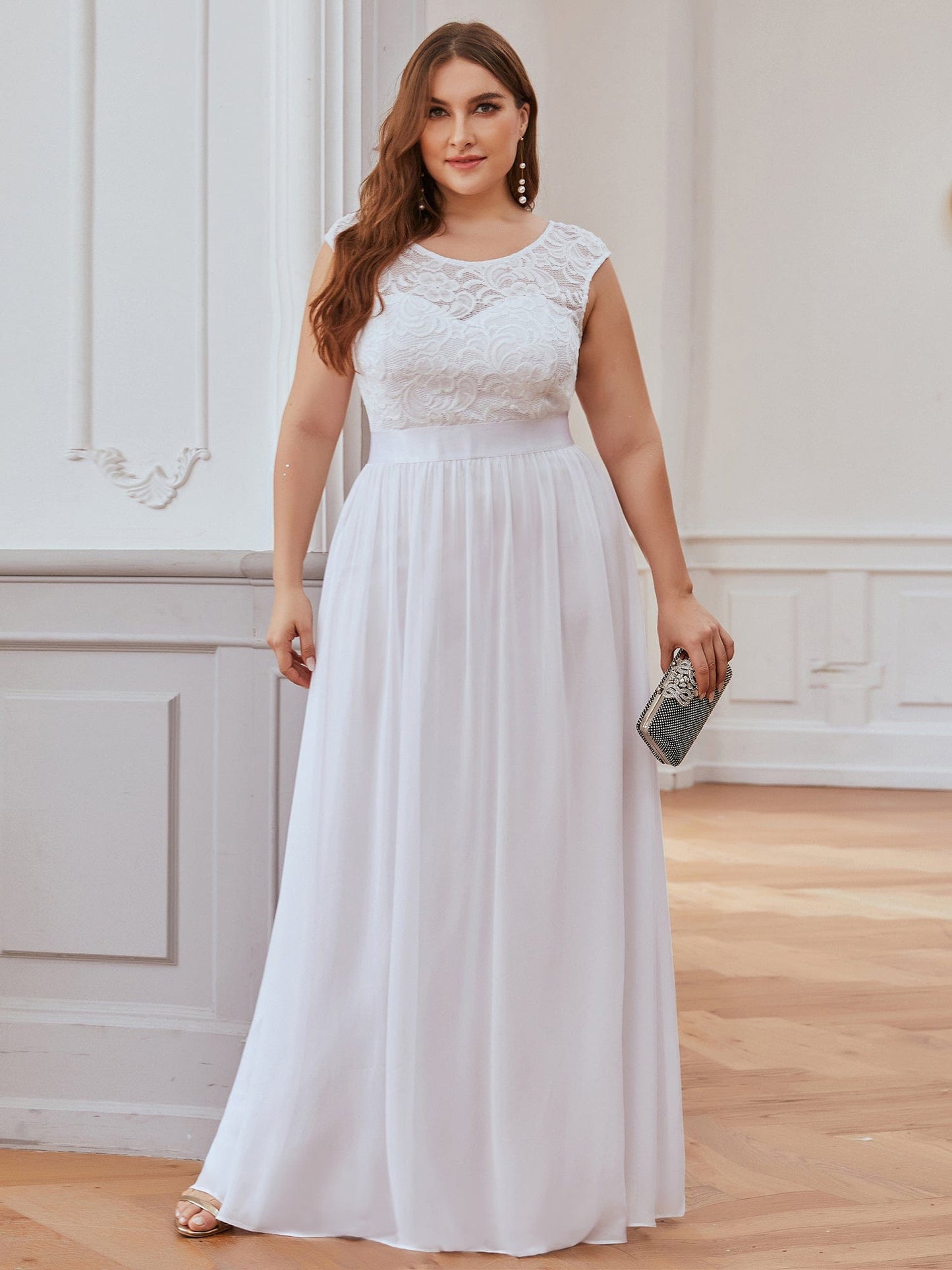 Custom Size Classic Round Neck V Back Lace Bodice Bridesmaid Dress #color_White