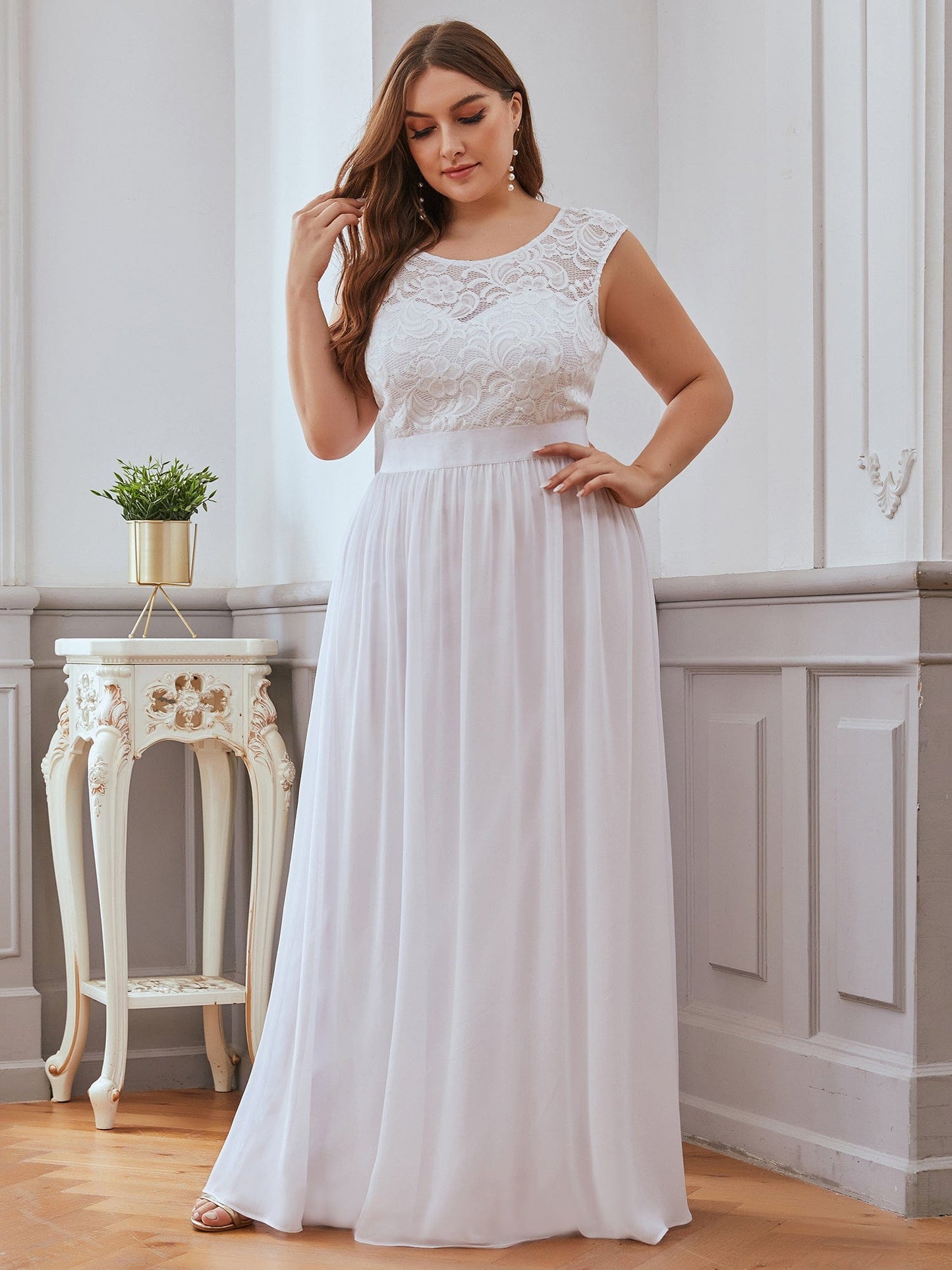 Custom Size Classic Round Neck V Back Lace Bodice Bridesmaid Dress #color_White