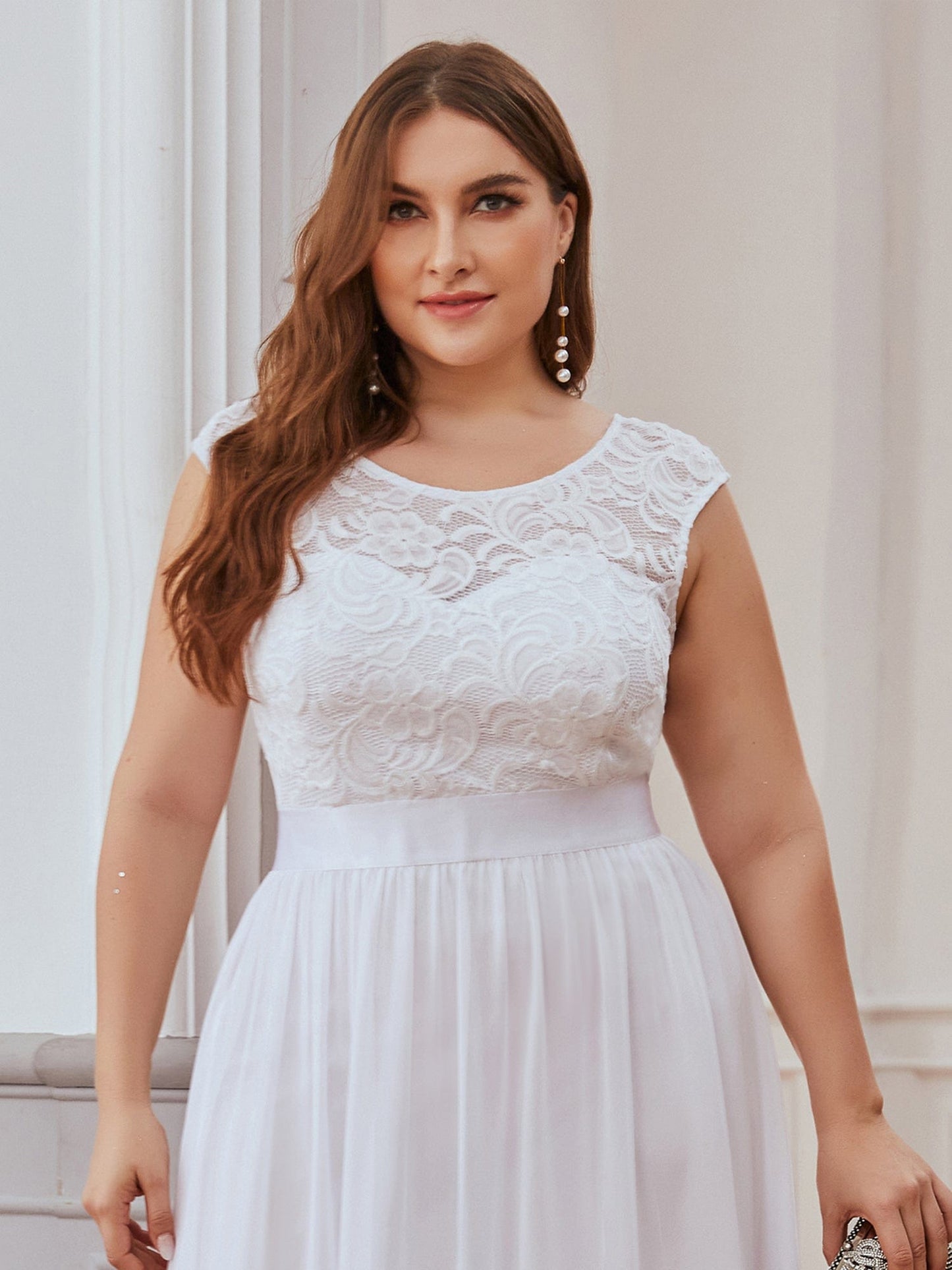 Custom Size Classic Round Neck V Back Lace Bodice Bridesmaid Dress #color_White