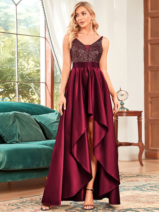 Color=Burgundy | Sexy Backless Sparkly Prom Dresses For Women With Irregular Hem-Burgundy 1