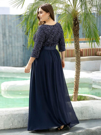 Custom Size Women's Long Tulle & Sequin Evening Dresses for Mother of the Bride #color_Navy Blue 