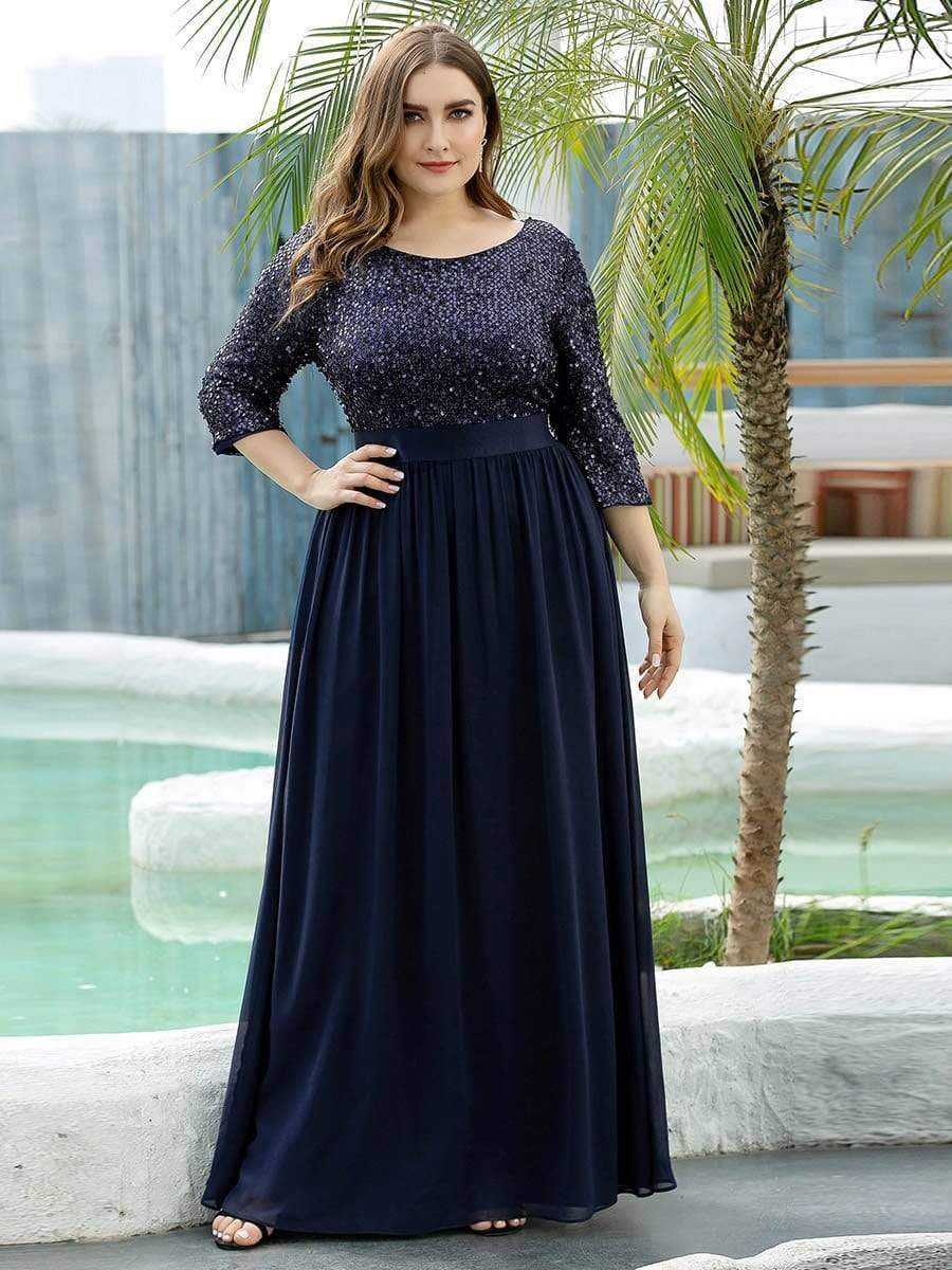 Custom Size Women's Long Tulle & Sequin Evening Dresses for Mother of the Bride #color_Navy Blue 