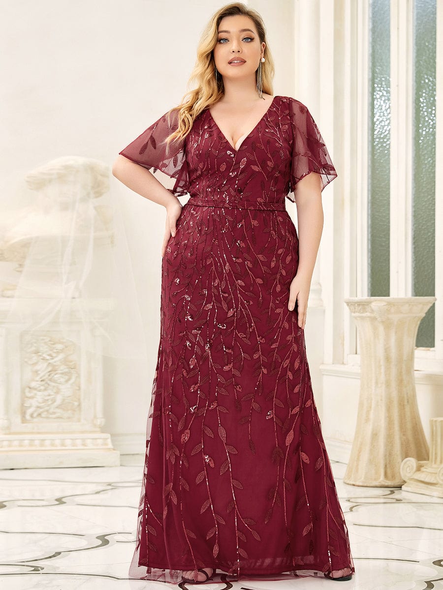 Gorgeous V Neck Leaf-Sequined Fishtail Party Dress #color_Burgundy