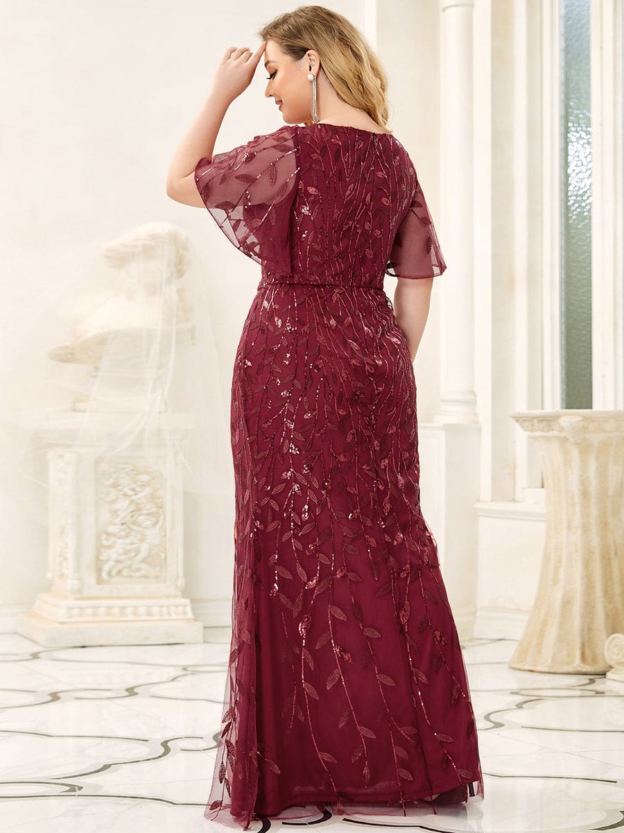 Gorgeous V Neck Leaf-Sequined Fishtail Party Dress #color_Burgundy