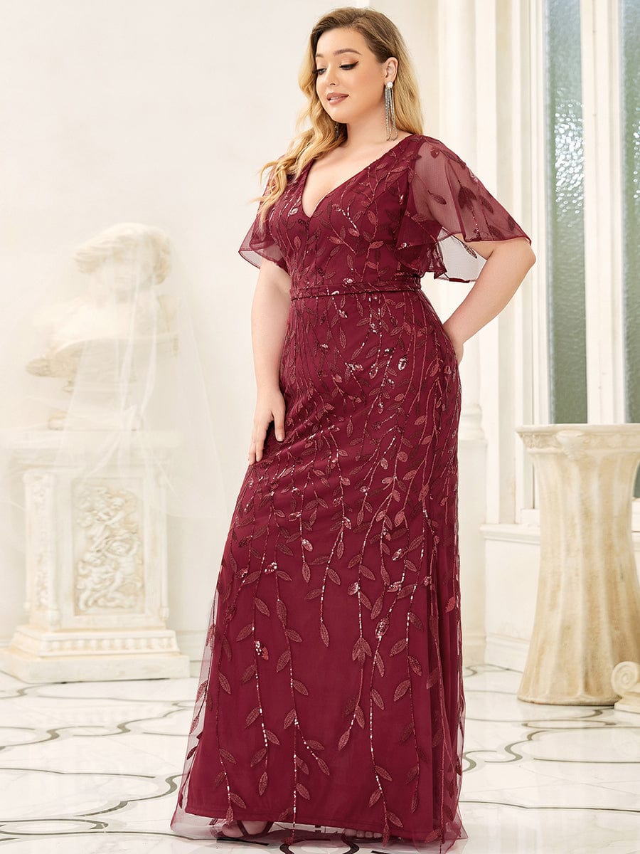 Custom Size Sparkly Embroidery Sequin V Neck Mermaid Evening Dress #color_Burgundy