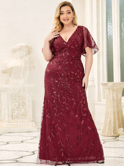 Shiny V Neck Leaf-Sequined Bodycon Formal Evening Dresses #color_Burgundy