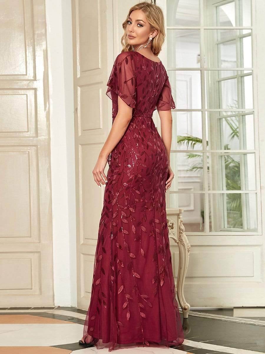 Gorgeous V Neck Leaf-Sequined Fishtail Party Dress #color_Burgundy