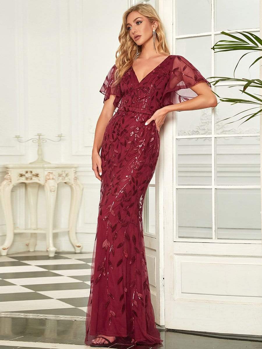 Shiny V Neck Leaf-Sequined Bodycon Formal Evening Dresses #color_Burgundy