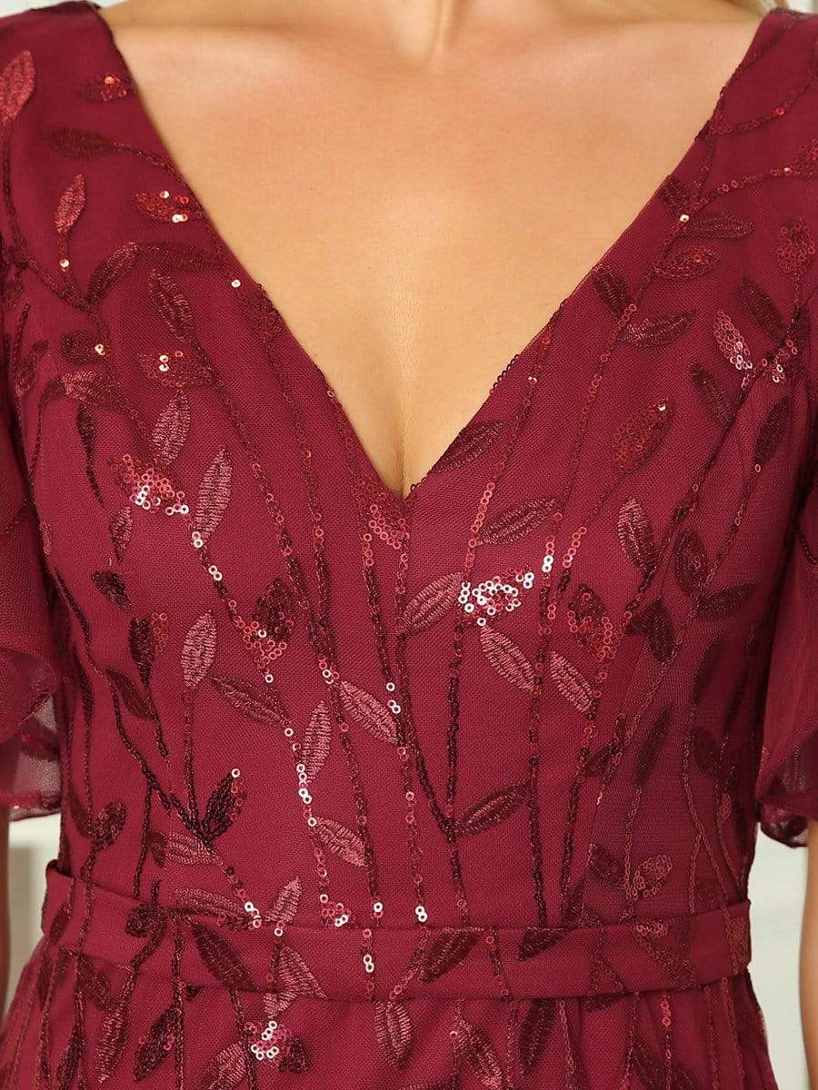 Shiny V Neck Leaf-Sequined Bodycon Formal Evening Dresses #color_Burgundy