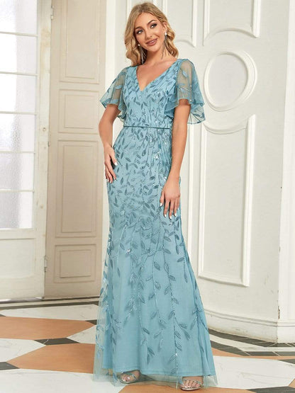 Gorgeous V Neck Leaf-Sequined Fishtail Party Dress #color_Dusty Blue