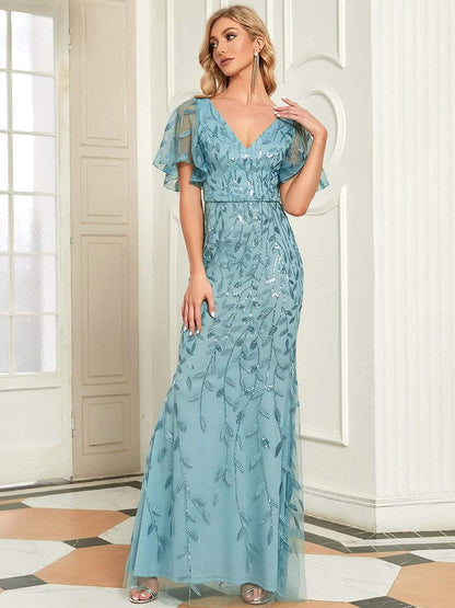 Gorgeous V Neck Leaf-Sequined Fishtail Party Dress #color_Dusty Blue