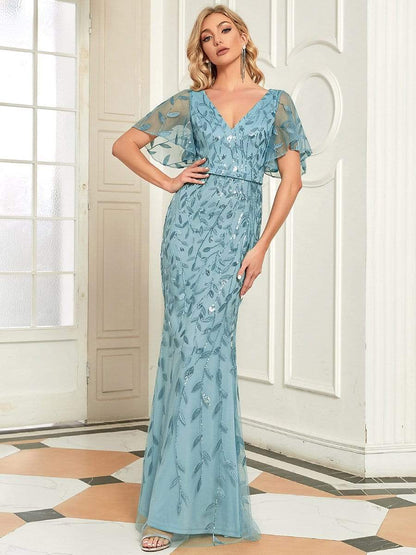 Gorgeous V Neck Leaf-Sequined Fishtail Party Dress #color_Dusty Blue