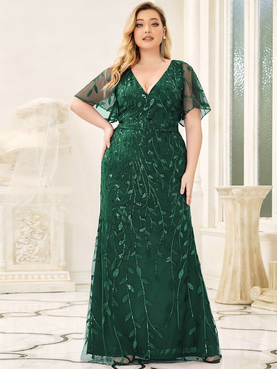 Shiny V Neck Leaf-Sequined Bodycon Formal Evening Dresses #color_Dark Green