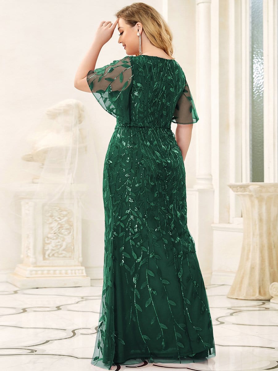 Shiny V Neck Leaf-Sequined Bodycon Formal Evening Dresses #color_Dark Green