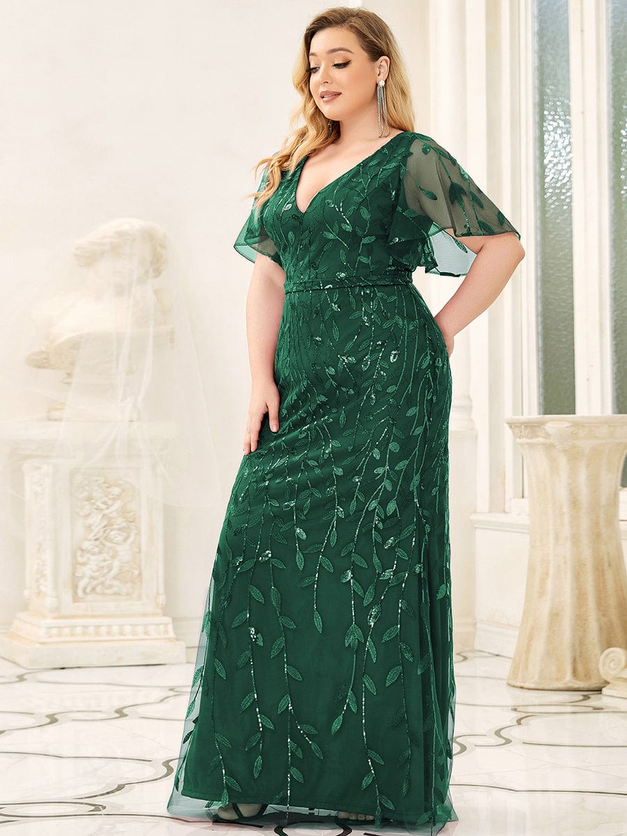 Custom Size Sparkly Embroidery Sequin V Neck Mermaid Evening Dress #color_Dark Green