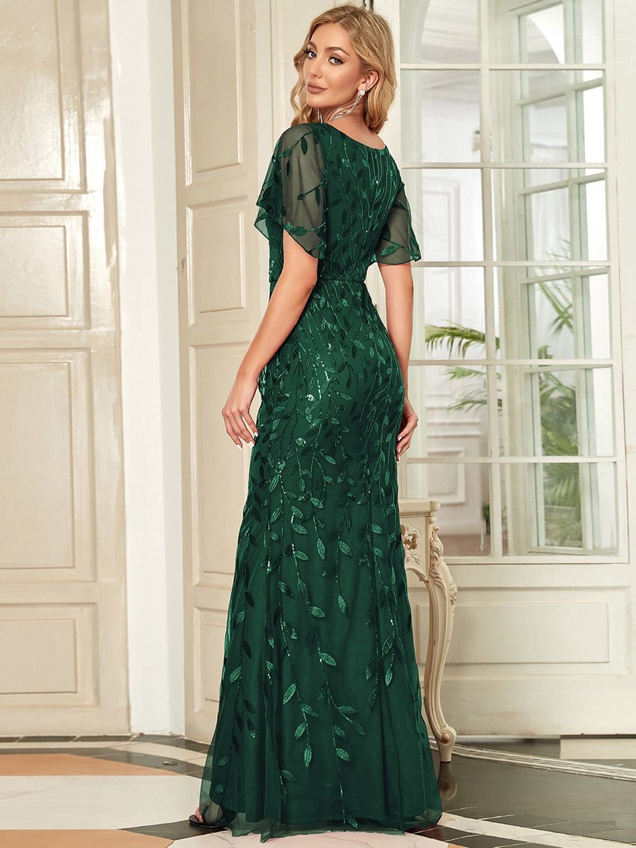 Shiny V Neck Leaf-Sequined Bodycon Formal Evening Dresses #color_Dark Green