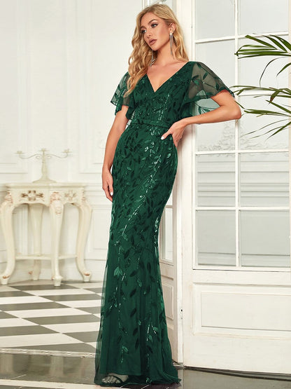 Shiny V Neck Leaf-Sequined Bodycon Formal Evening Dresses #color_Dark Green