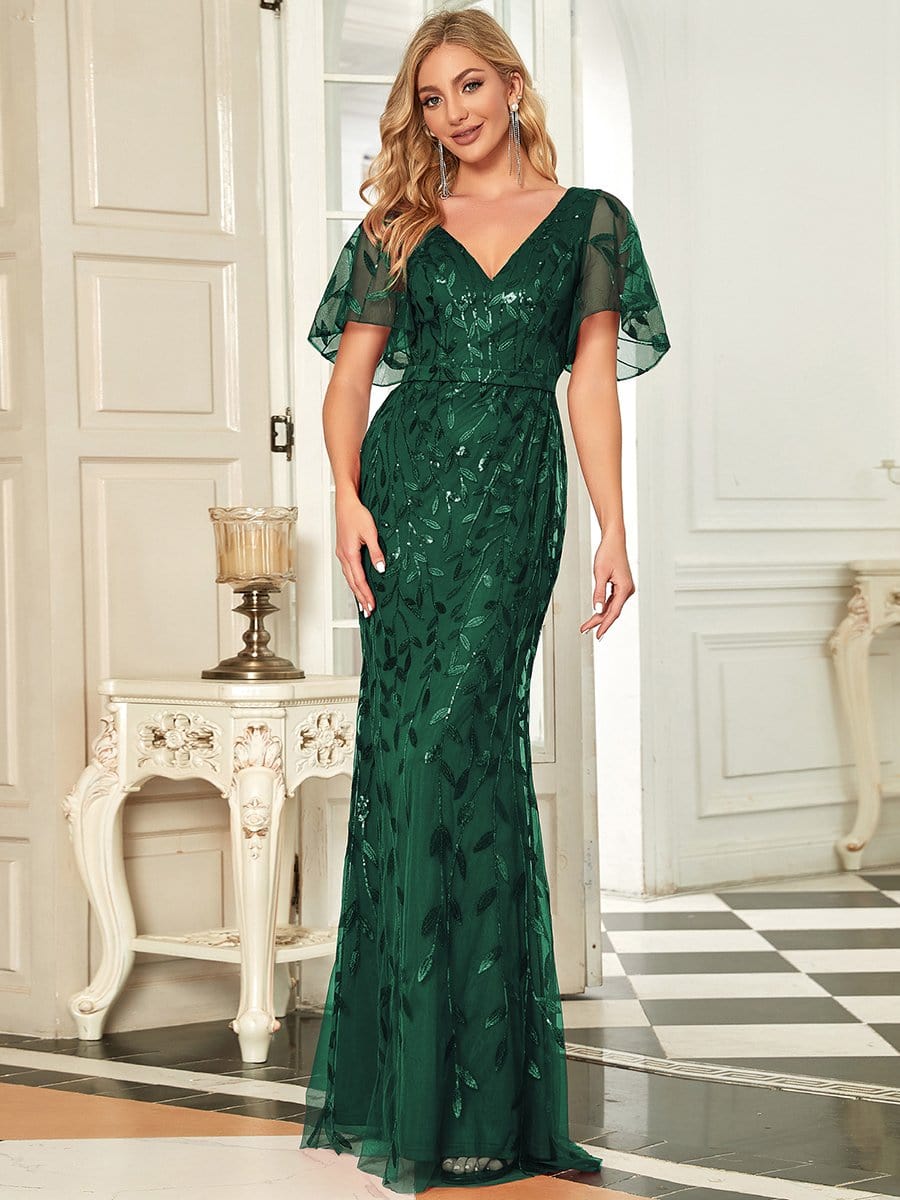 Shiny V Neck Leaf-Sequined Bodycon Formal Evening Dresses #color_Dark Green