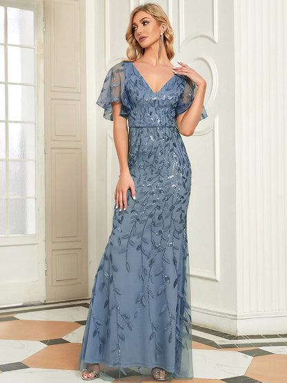 Gorgeous V Neck Leaf-Sequined Fishtail Party Dress #color_Dusty Navy