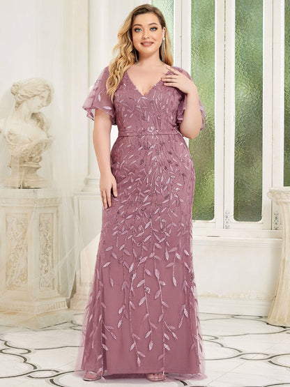 Custom Size Sparkly Embroidery Sequin V Neck Mermaid Evening Dress #color_Purple Orchid