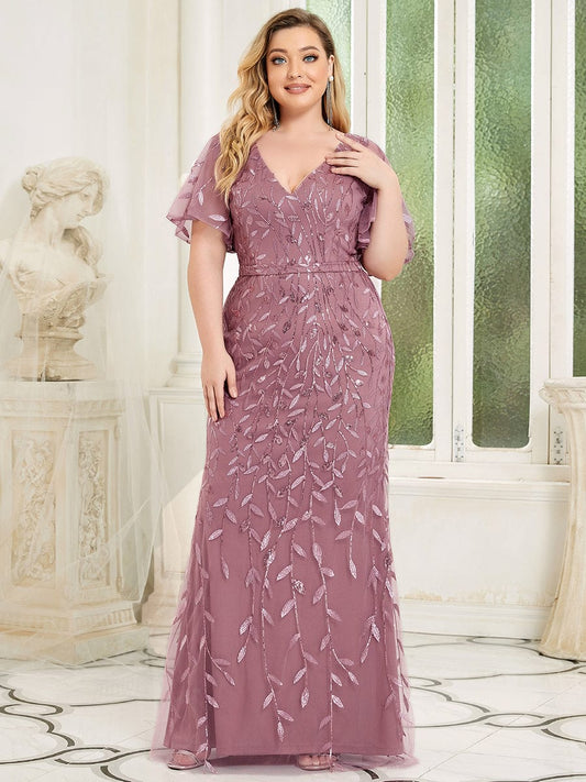 Custom Size Sparkly Embroidery Sequin V Neck Mermaid Evening Dress #color_Purple Orchid