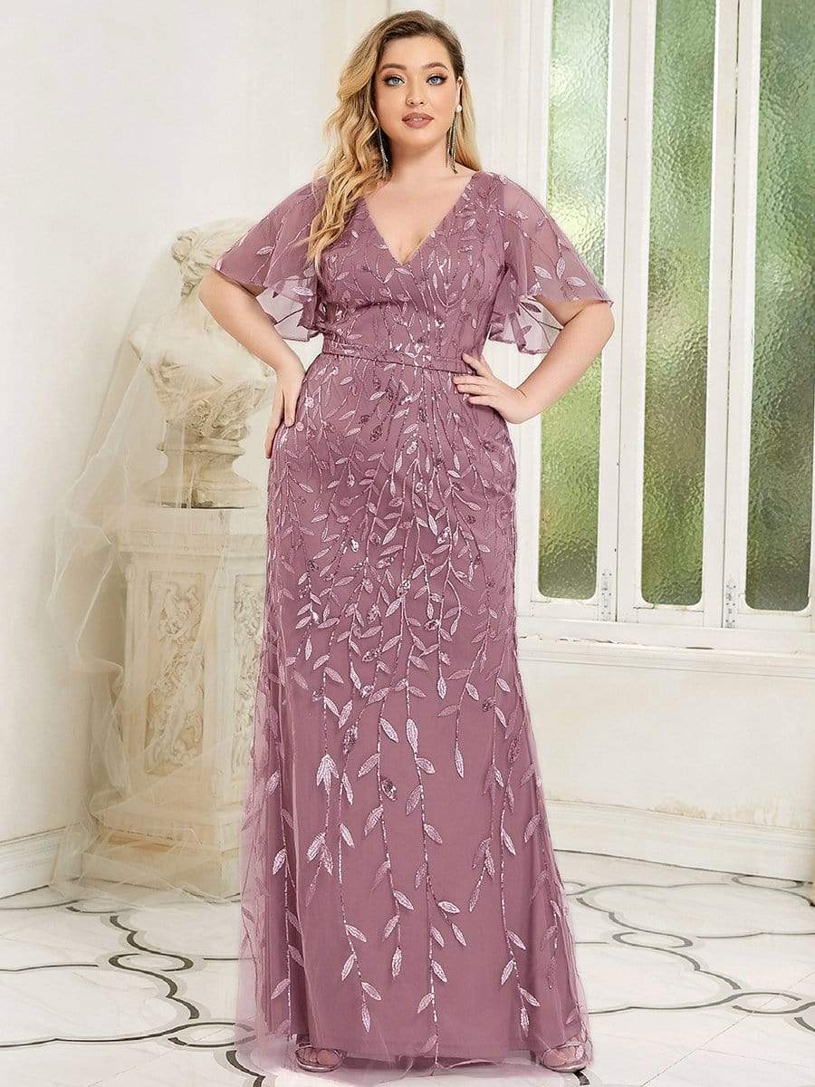 Gorgeous V Neck Leaf-Sequined Fishtail Party Dress #color_Purple Orchid